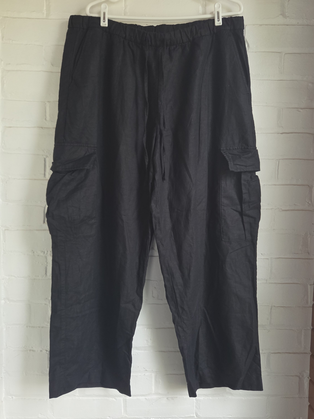 GAP Cargo Pants Black Drawstring Waist Relaxed Fit Wide Legs Linen Cotton Sz XL